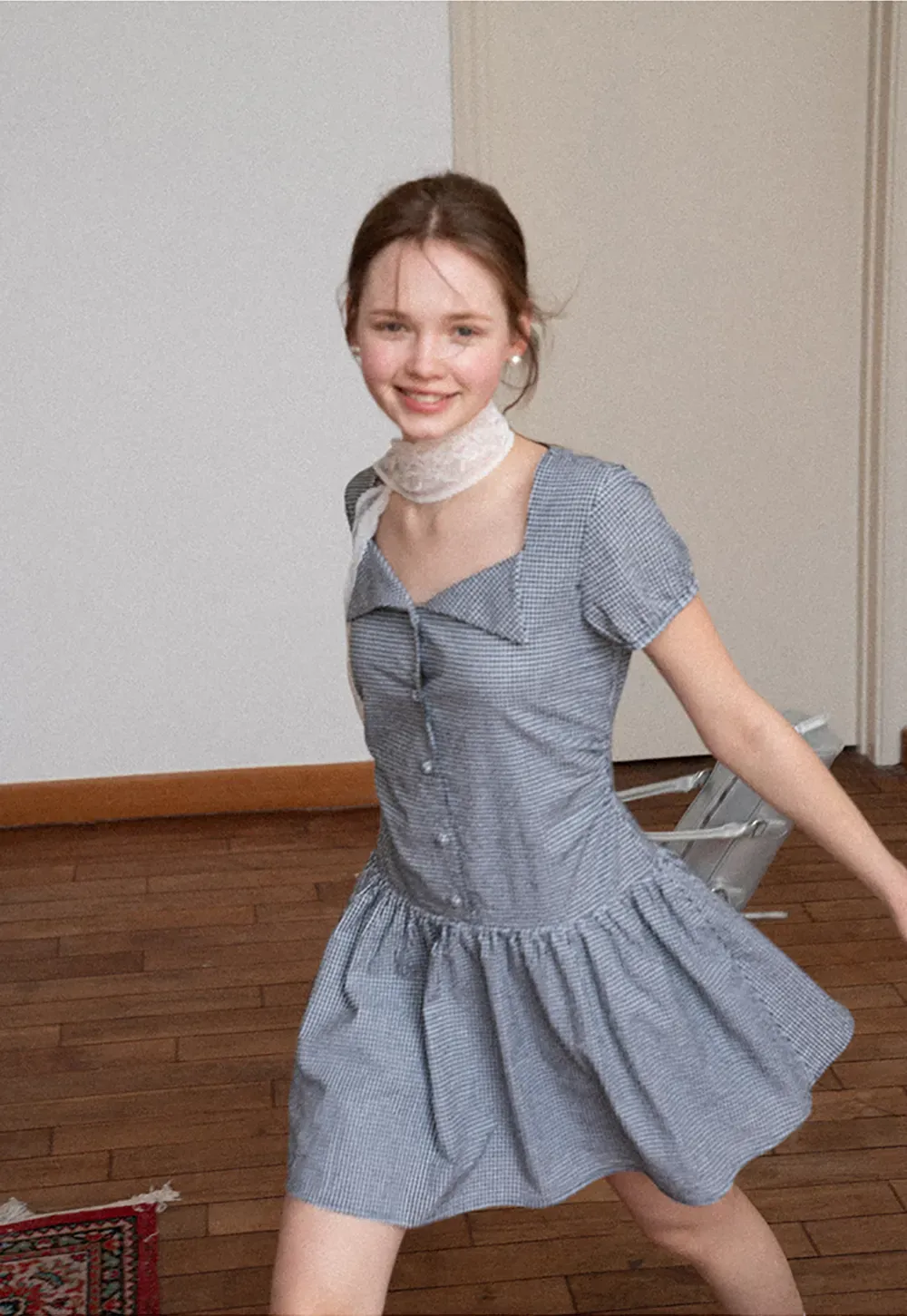 Gingham dress with lace trim and button front