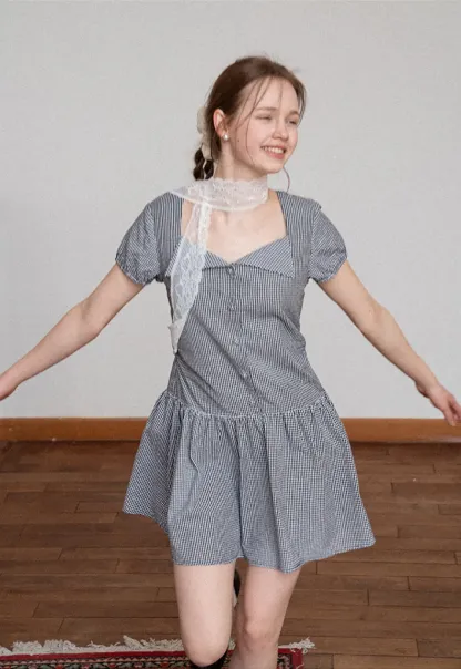 Gingham dress with lace trim and button front