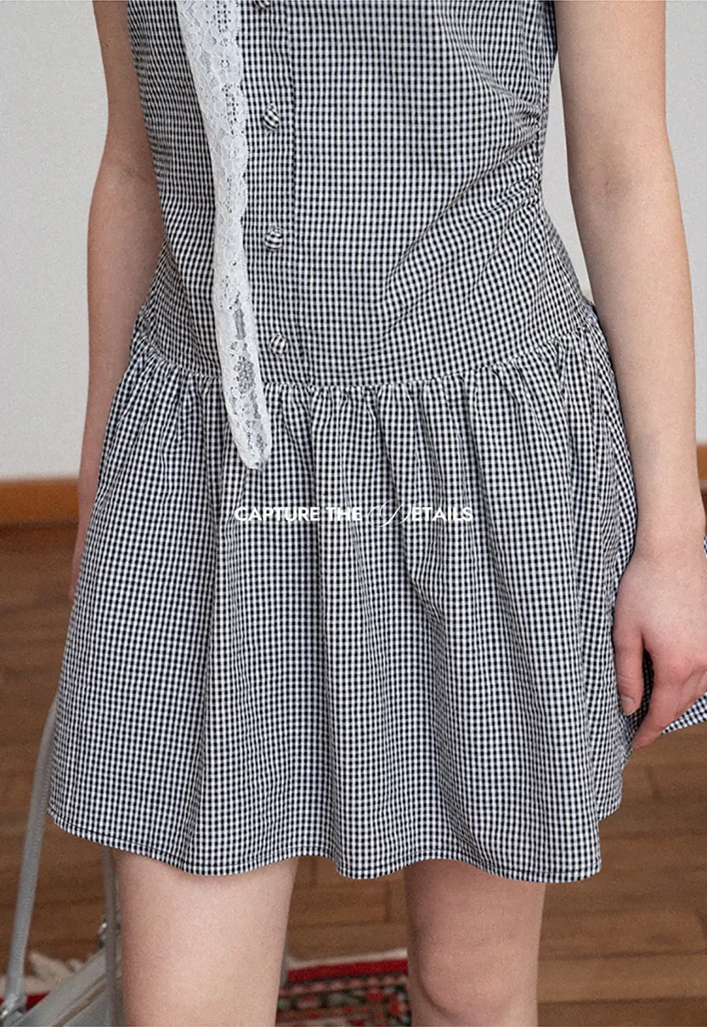 Gingham dress with lace trim and button front