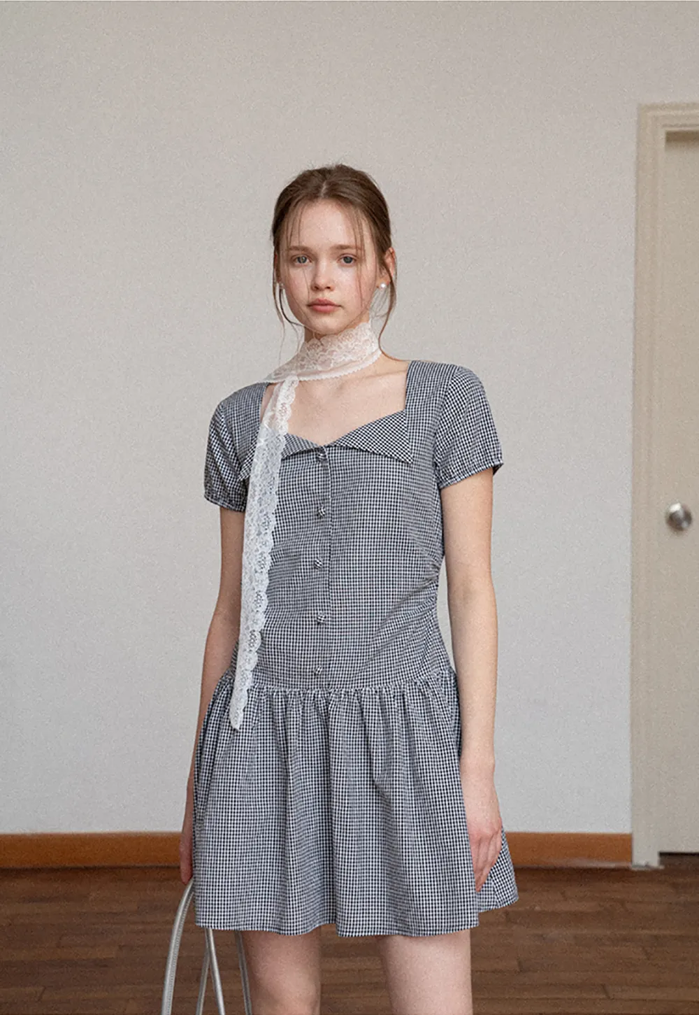 Gingham dress with lace trim and button front