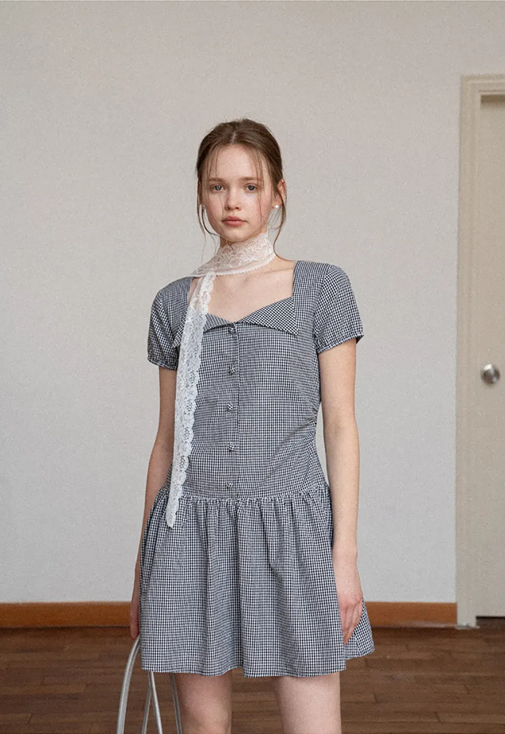 Gingham dress with lace trim and button front