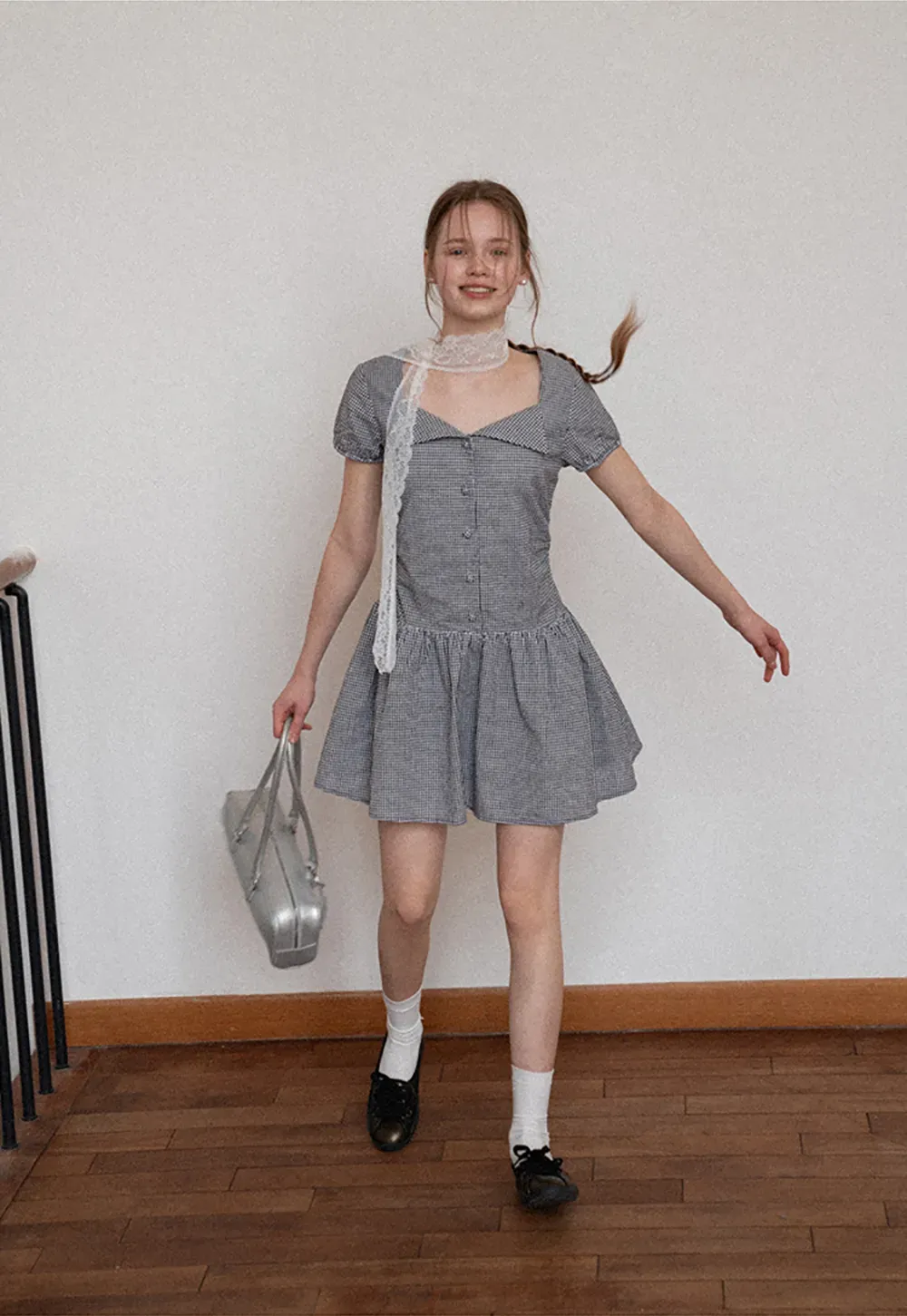 Gingham dress with lace trim and button front