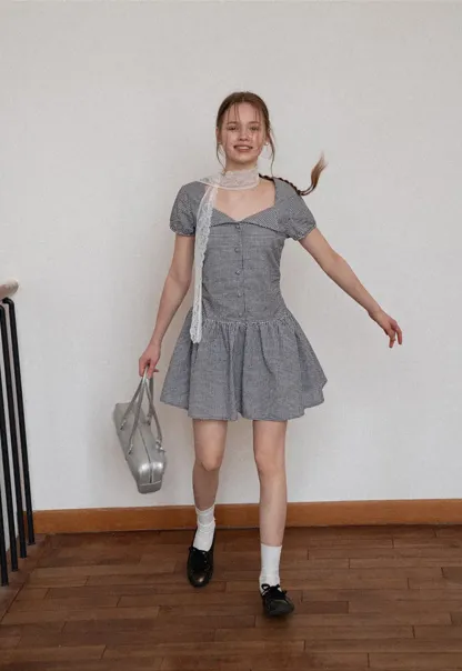 Gingham dress with lace trim and button front