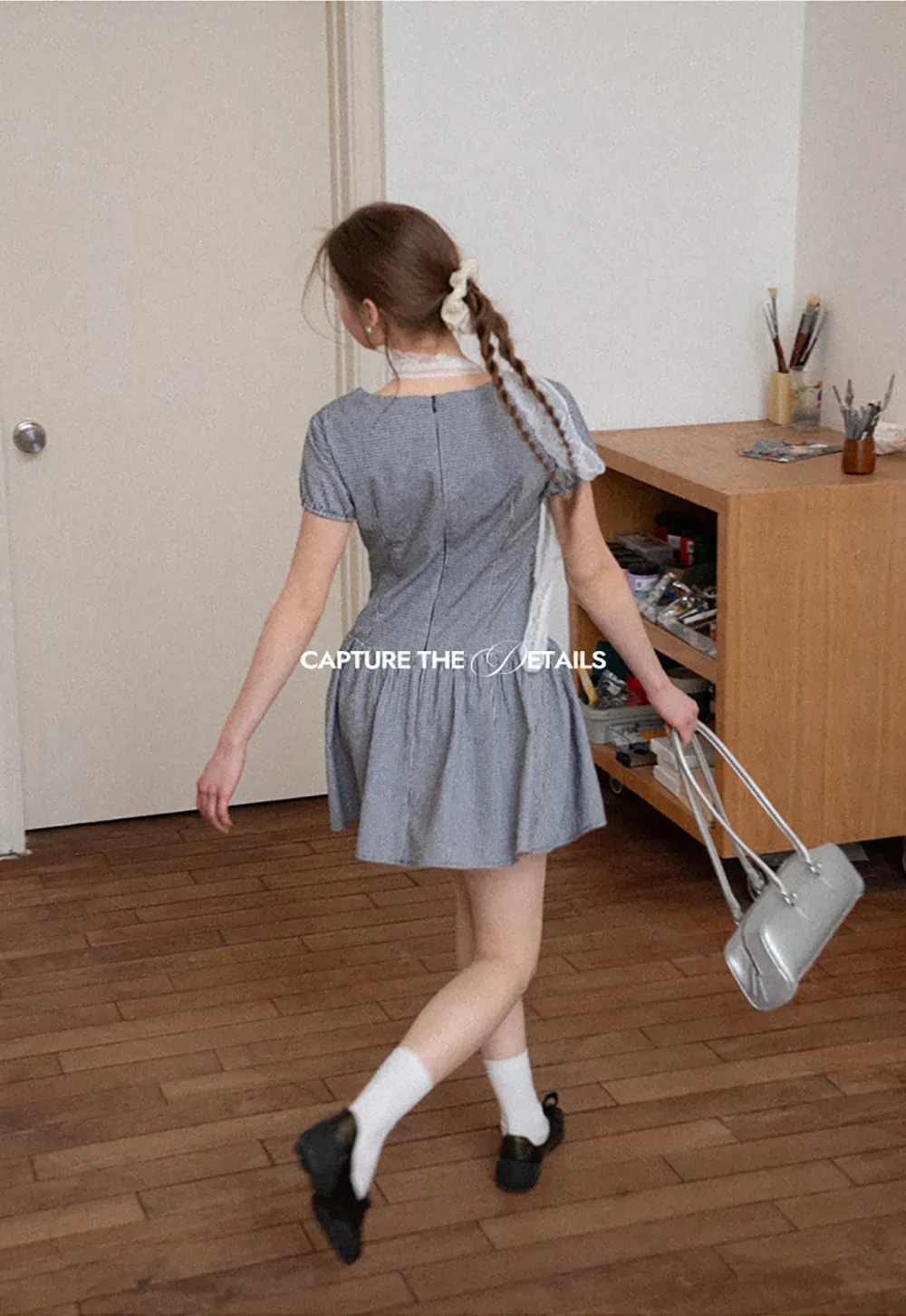 Gingham dress with lace trim and button front