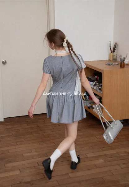 Gingham dress with lace trim and button front