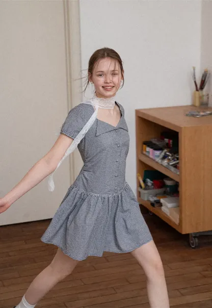 Gingham dress with lace trim and button front