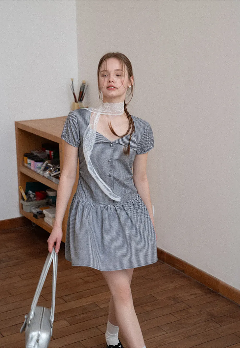 Gingham dress with lace trim and button front