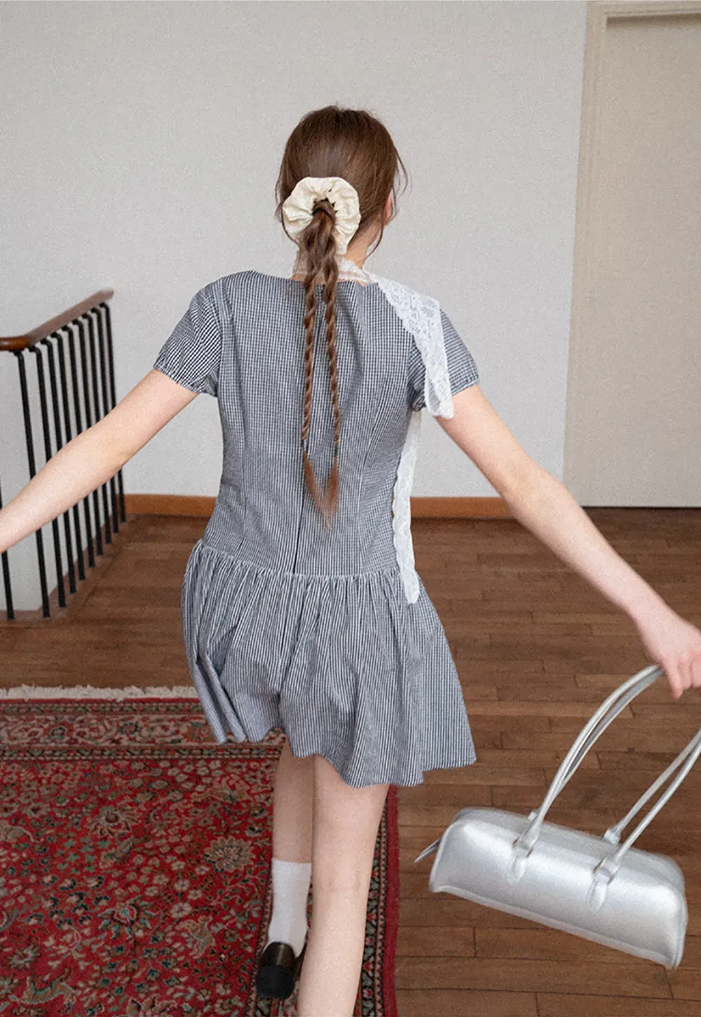 Gingham dress with lace trim and button front