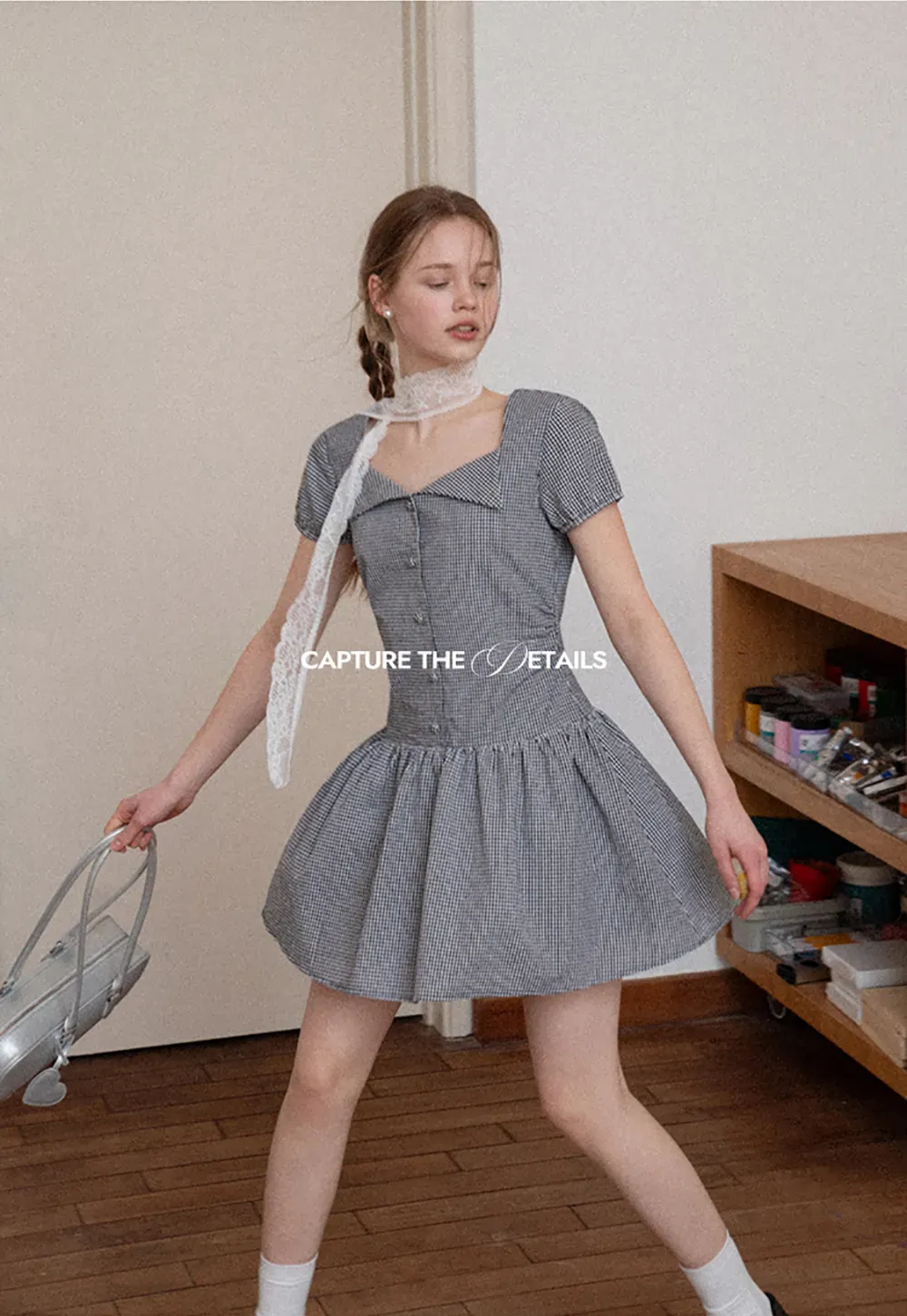 Gingham dress with lace trim and button front