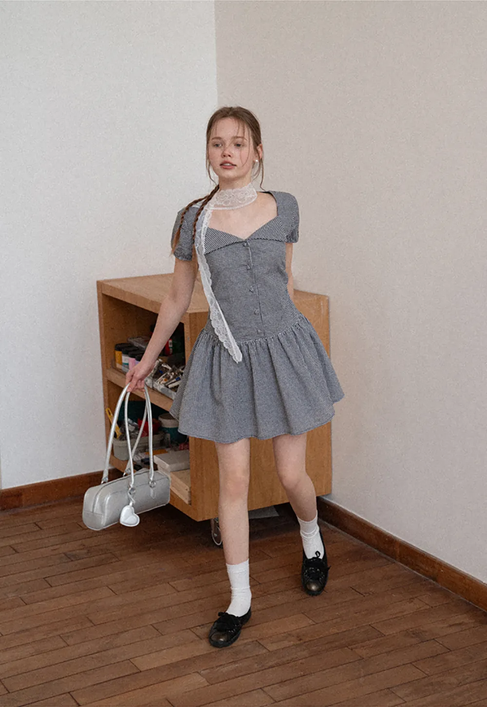 Gingham dress with lace trim and button front