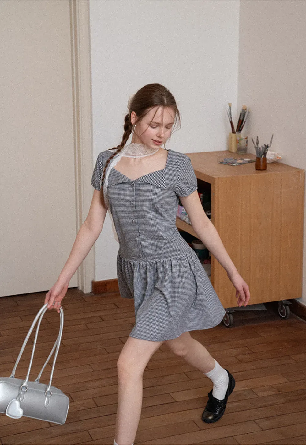 Gingham dress with lace trim and button front