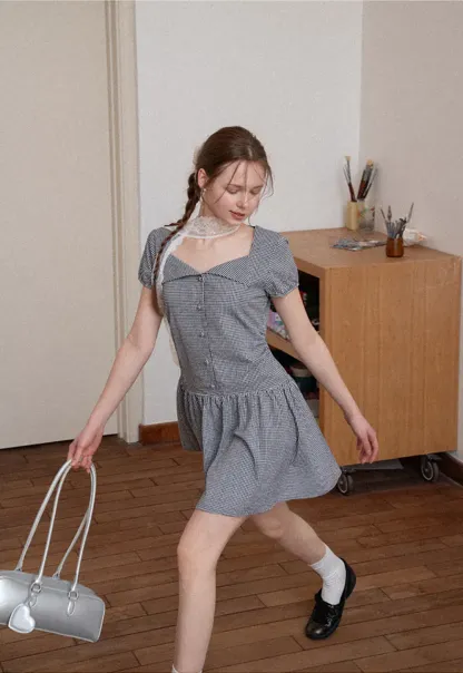 Gingham dress with lace trim and button front