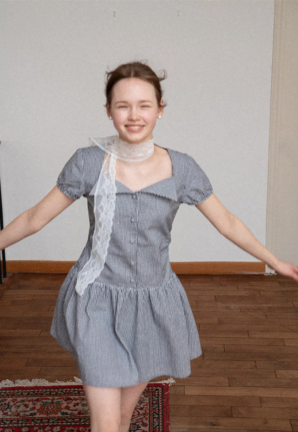 Gingham dress with lace trim and button front