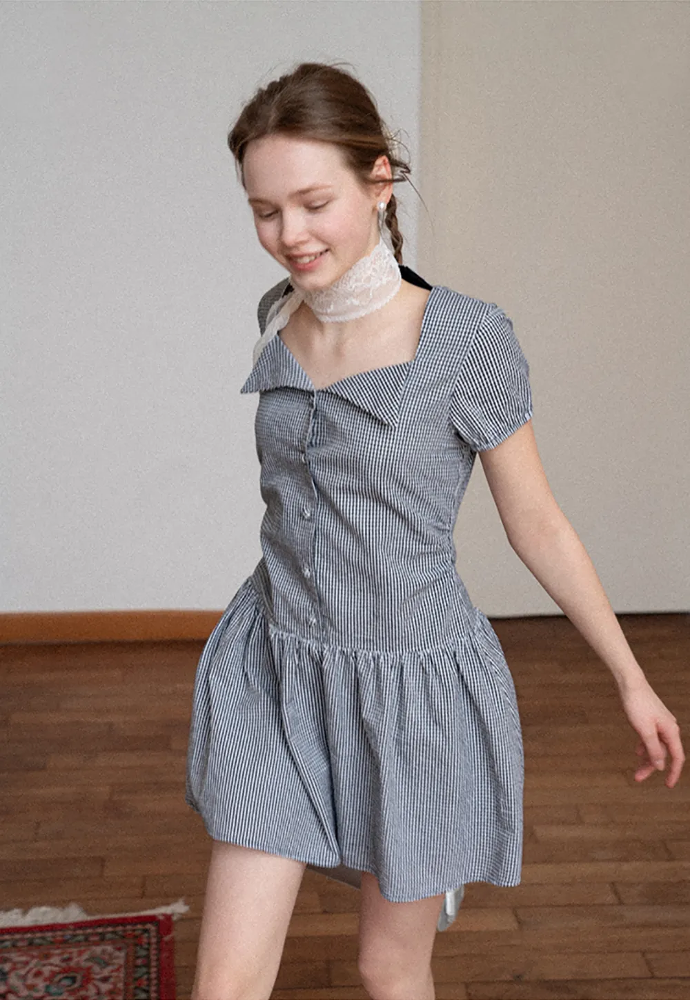 Gingham dress with lace trim and button front