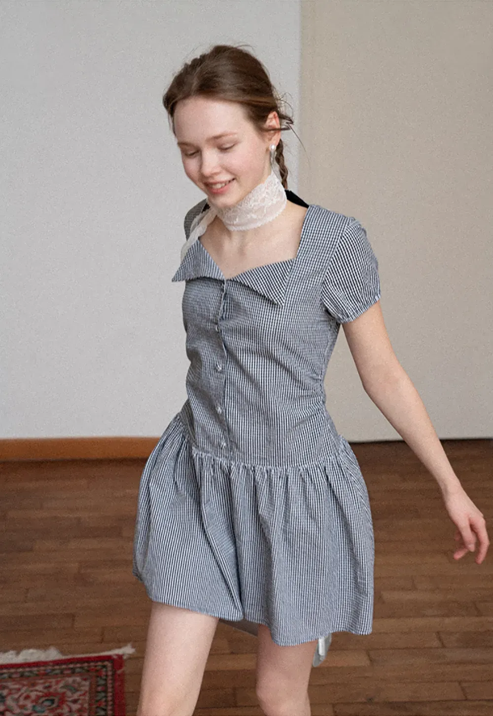 Gingham dress with lace trim and button front