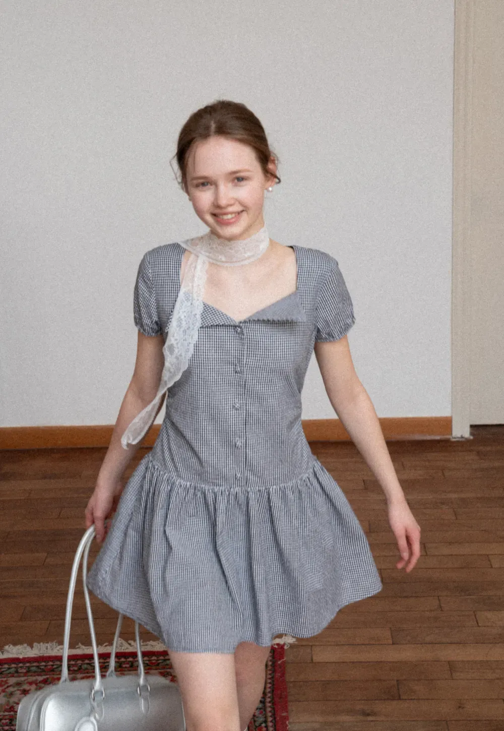 Gingham dress with lace trim and button front