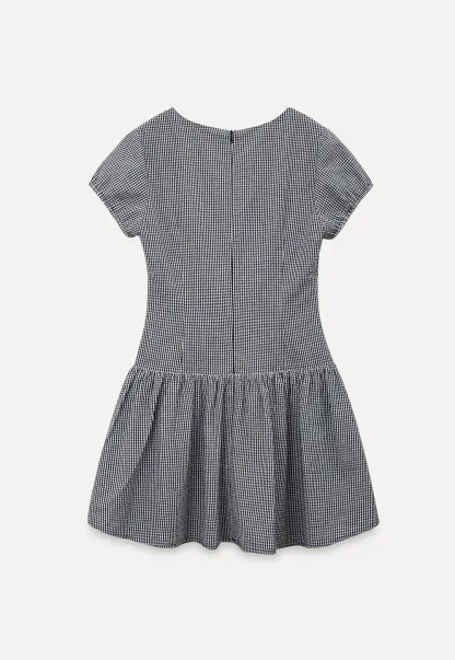 Gingham dress with lace trim and button front