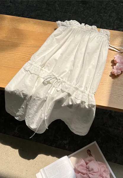 Eyelet lace trim tiered sleeveless dress with drawstring waist