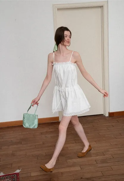 Eyelet lace trim tiered sleeveless dress with drawstring waist