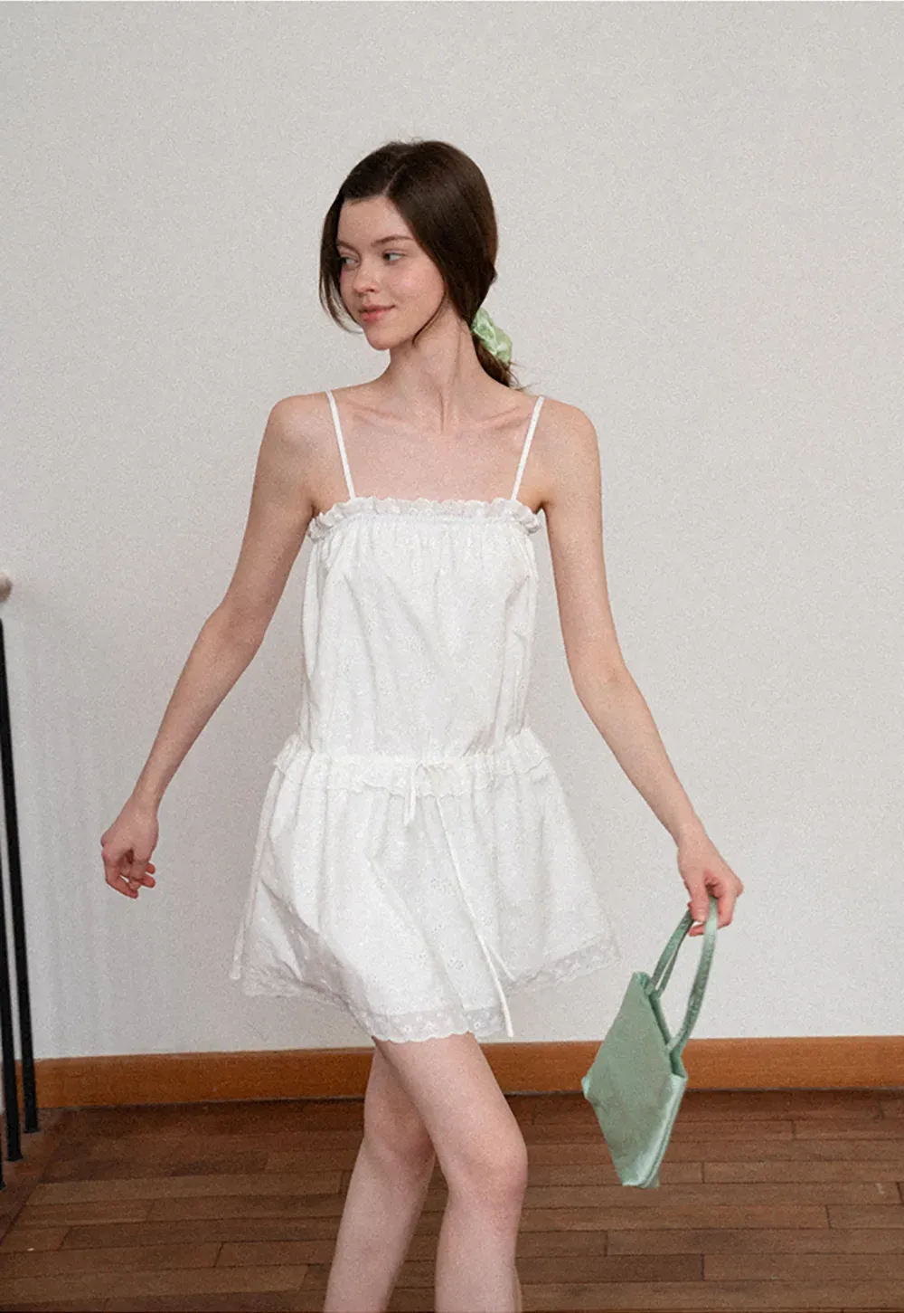 Eyelet lace trim tiered sleeveless dress with drawstring waist