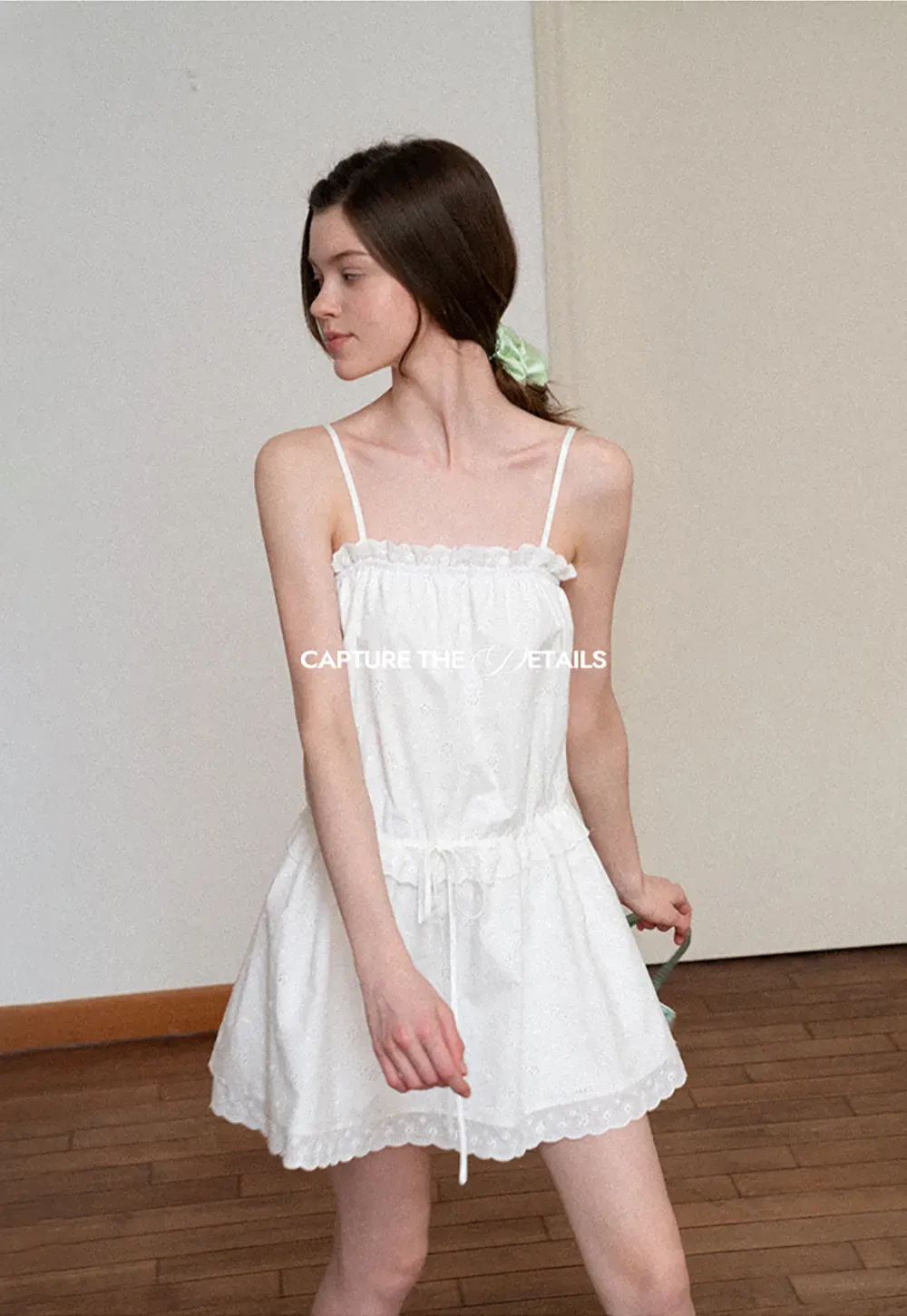 Eyelet lace trim tiered sleeveless dress with drawstring waist