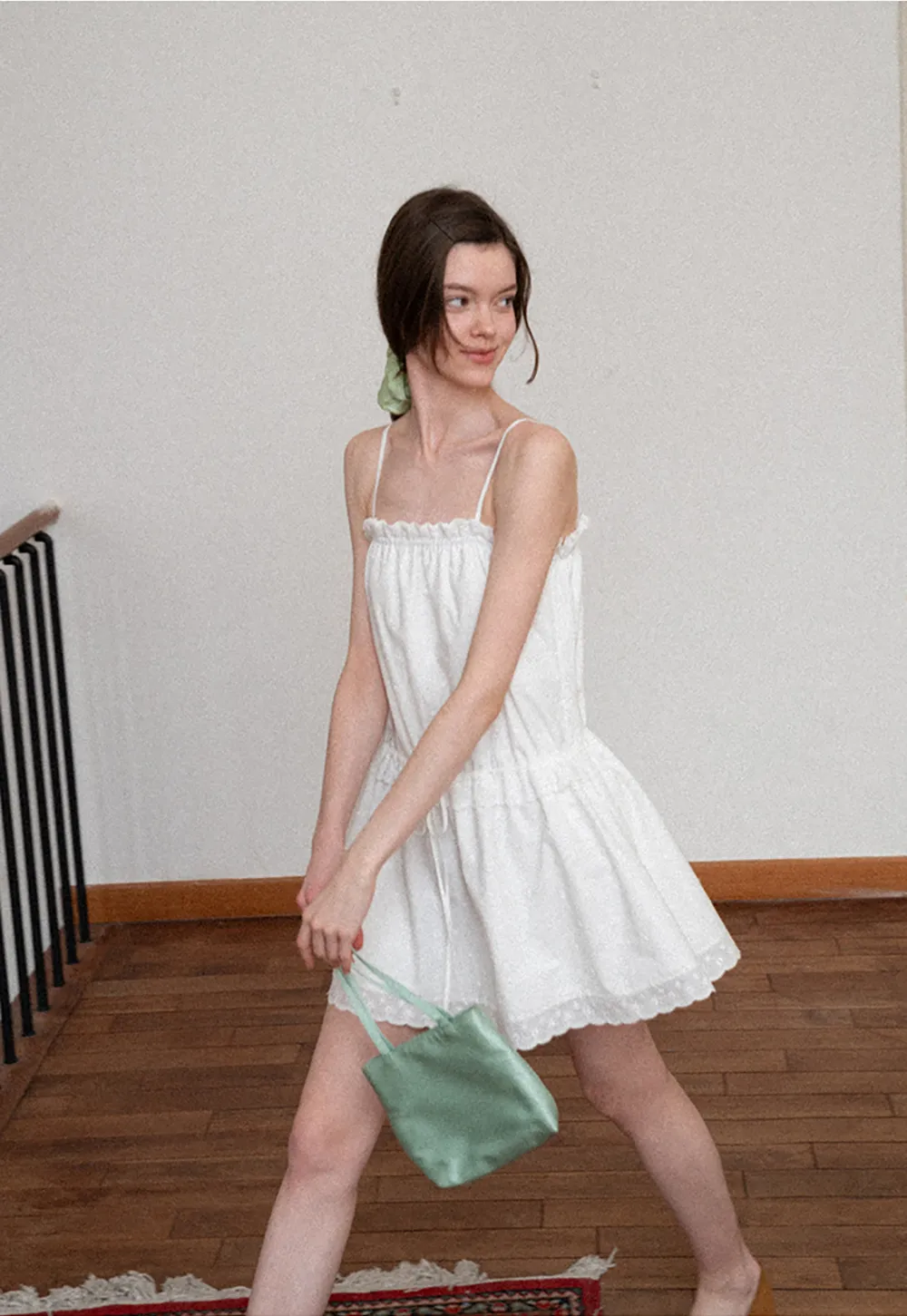 Eyelet lace trim tiered sleeveless dress with drawstring waist