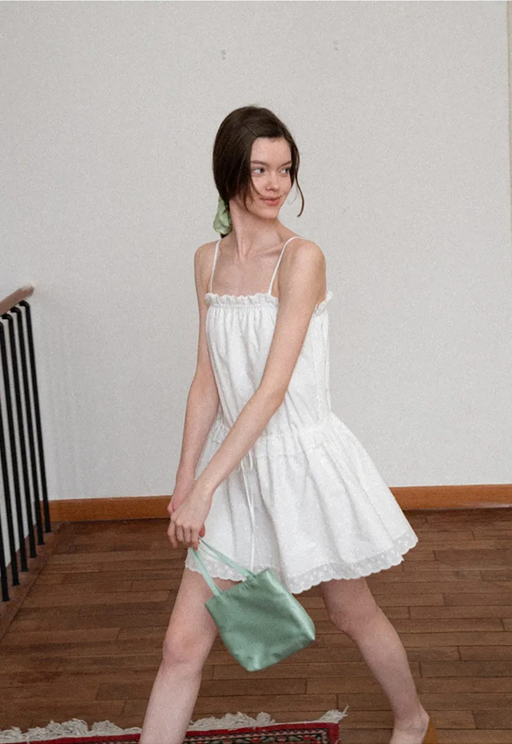 Eyelet lace trim tiered sleeveless dress with drawstring waist