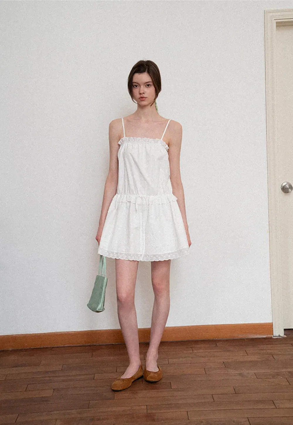 Eyelet lace trim tiered sleeveless dress with drawstring waist