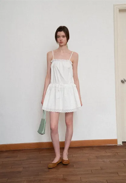 Eyelet lace trim tiered sleeveless dress with drawstring waist