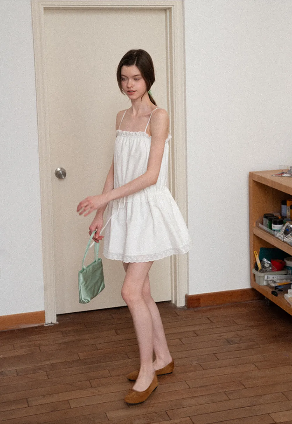 Eyelet lace trim tiered sleeveless dress with drawstring waist