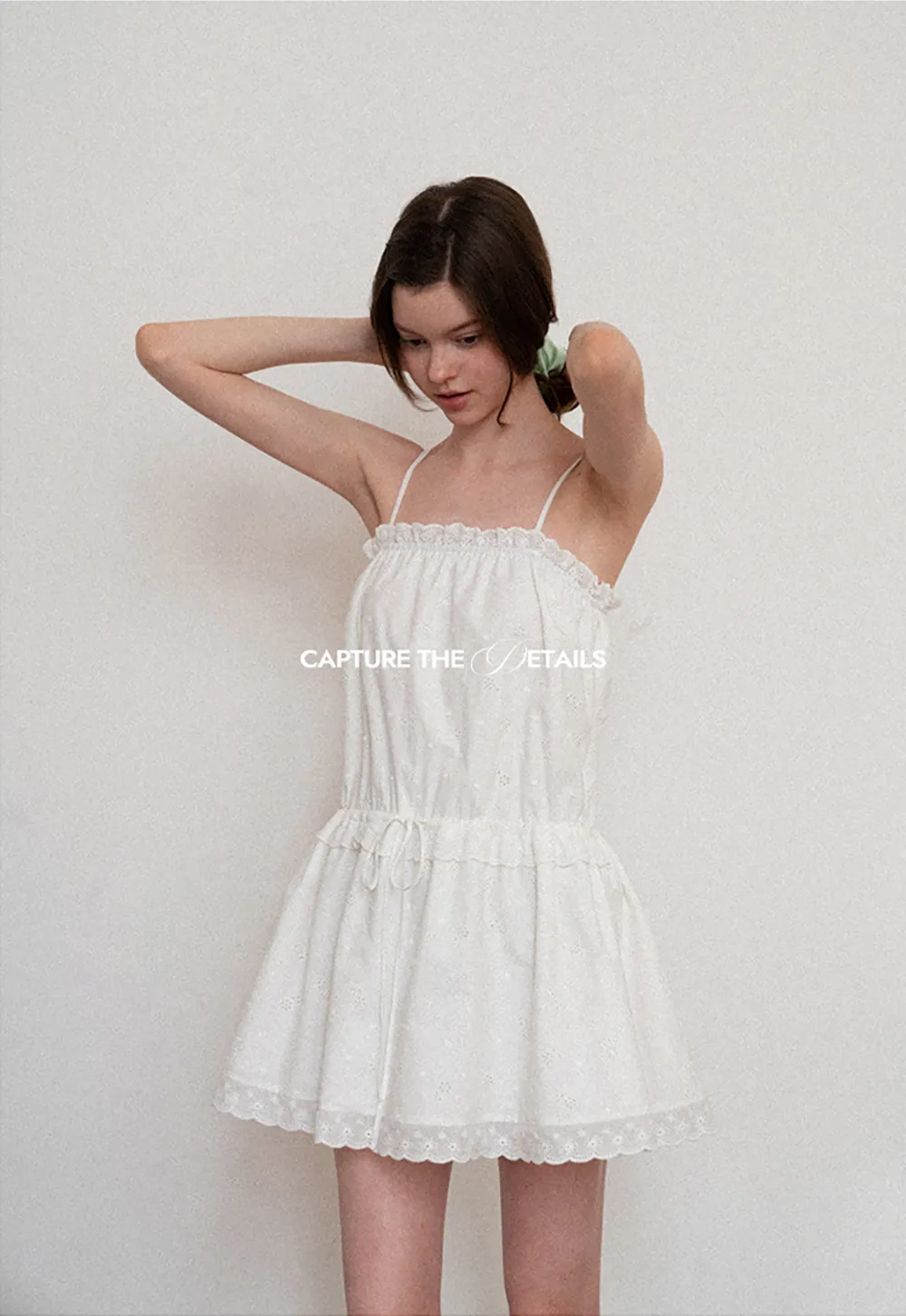 Eyelet lace trim tiered sleeveless dress with drawstring waist