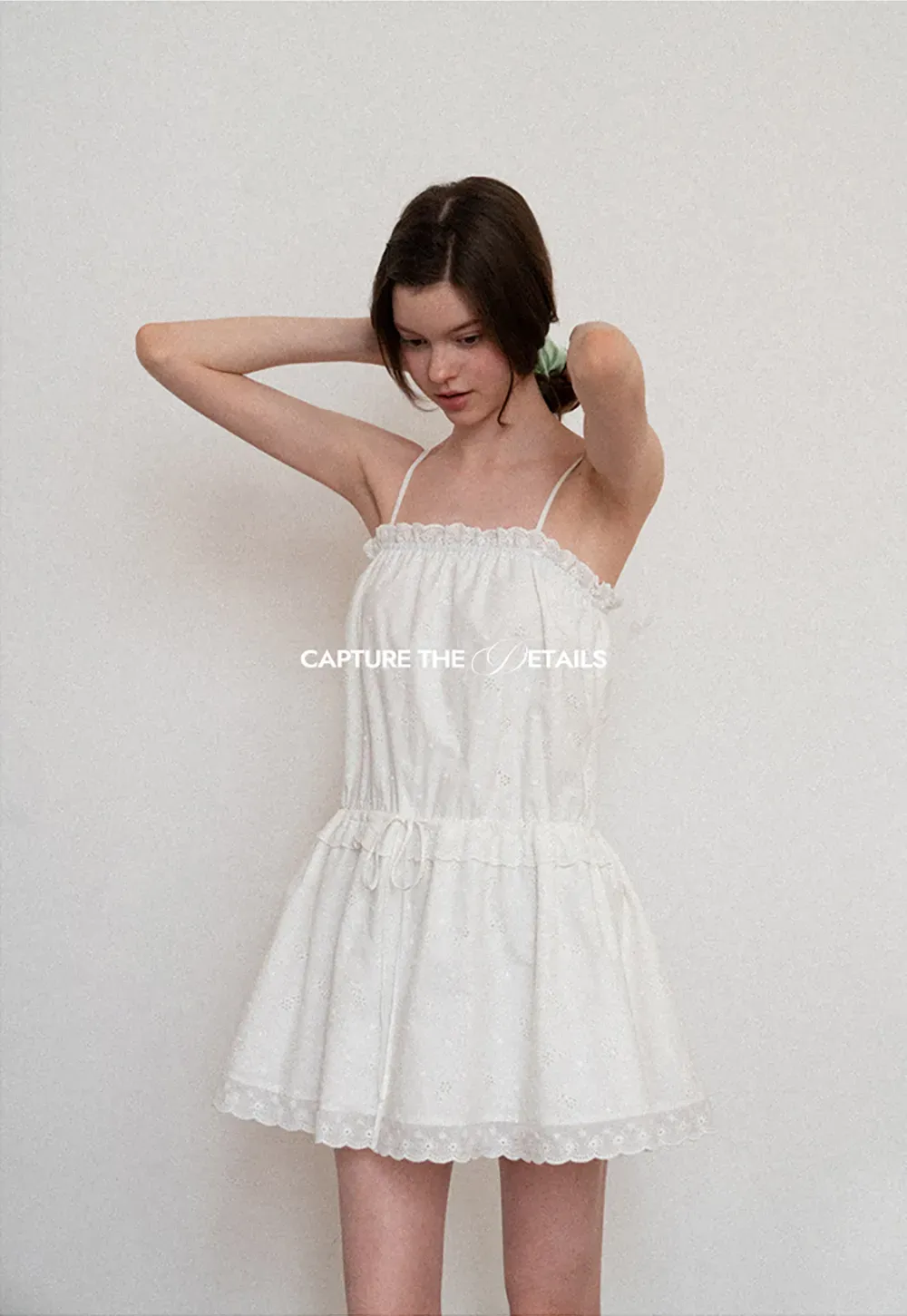 Eyelet lace trim tiered sleeveless dress with drawstring waist