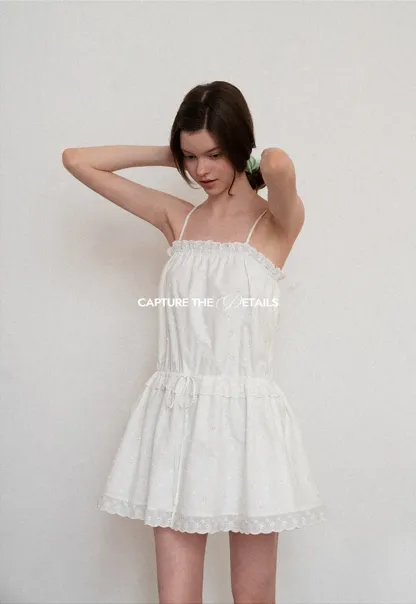 Eyelet lace trim tiered sleeveless dress with drawstring waist