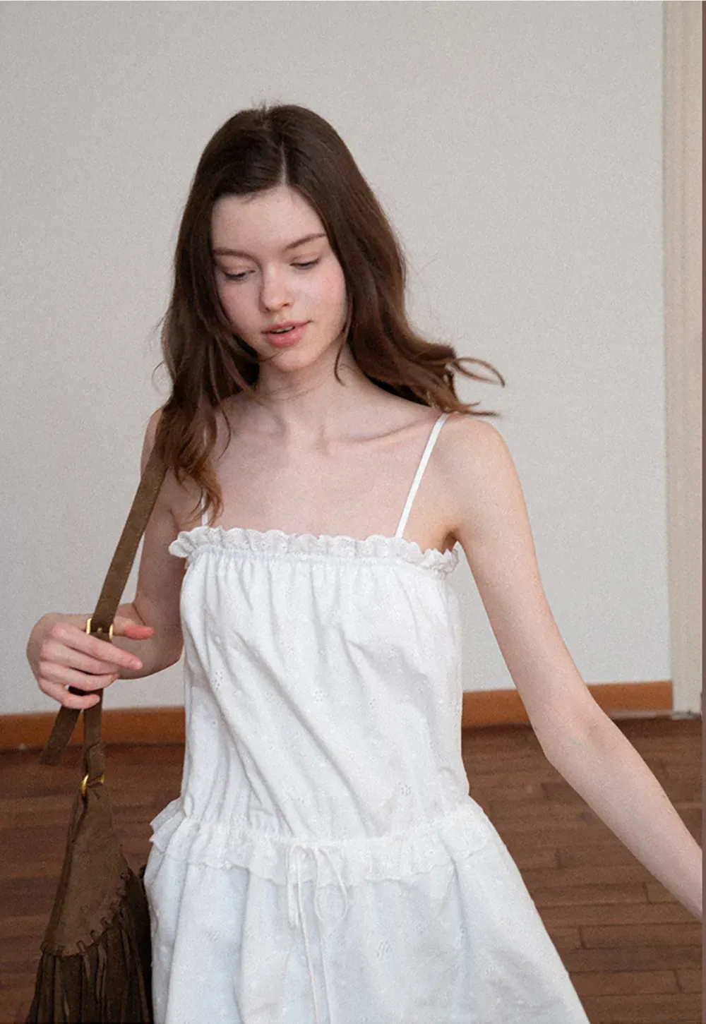 Eyelet lace trim tiered sleeveless dress with drawstring waist