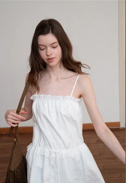 Eyelet lace trim tiered sleeveless dress with drawstring waist