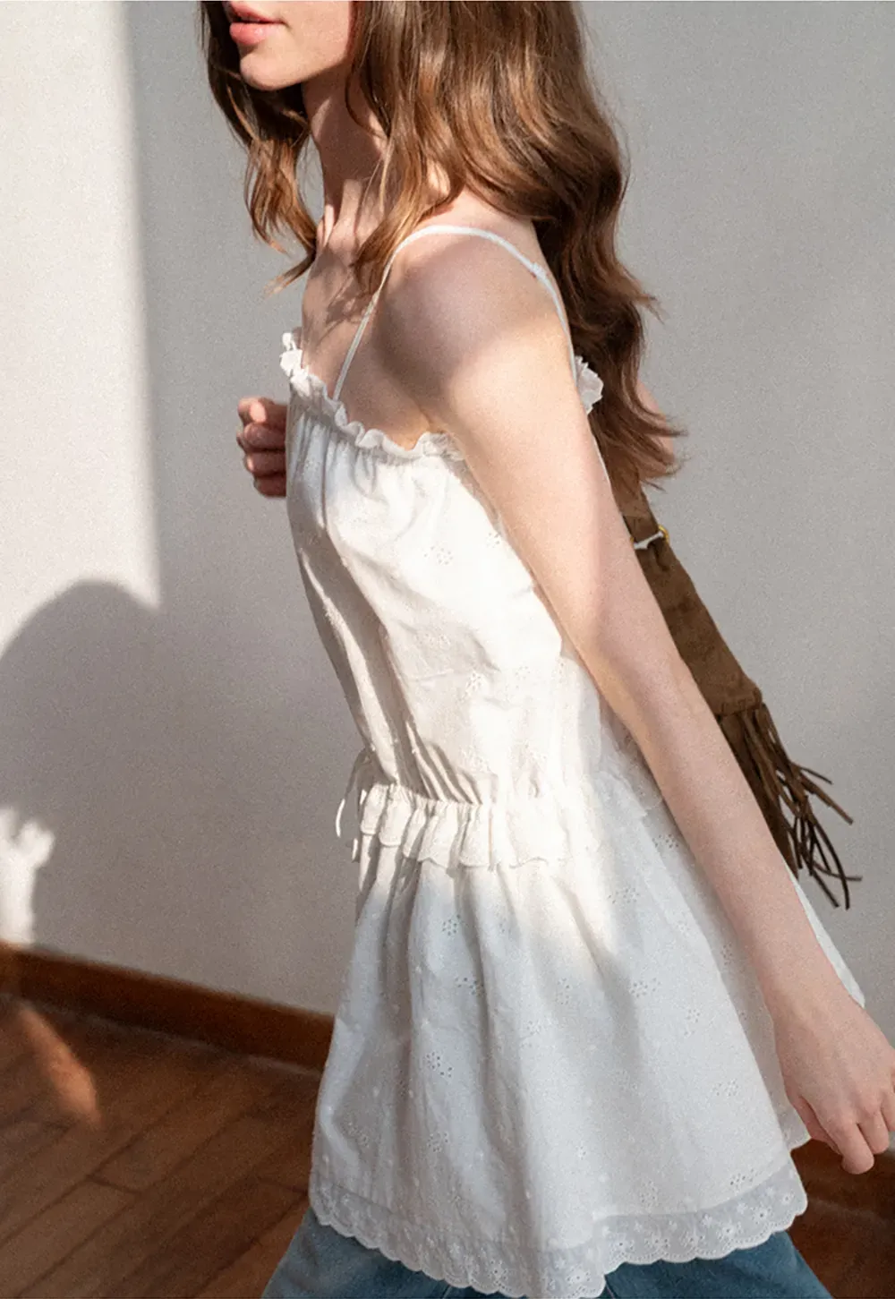 Eyelet lace trim tiered sleeveless dress with drawstring waist