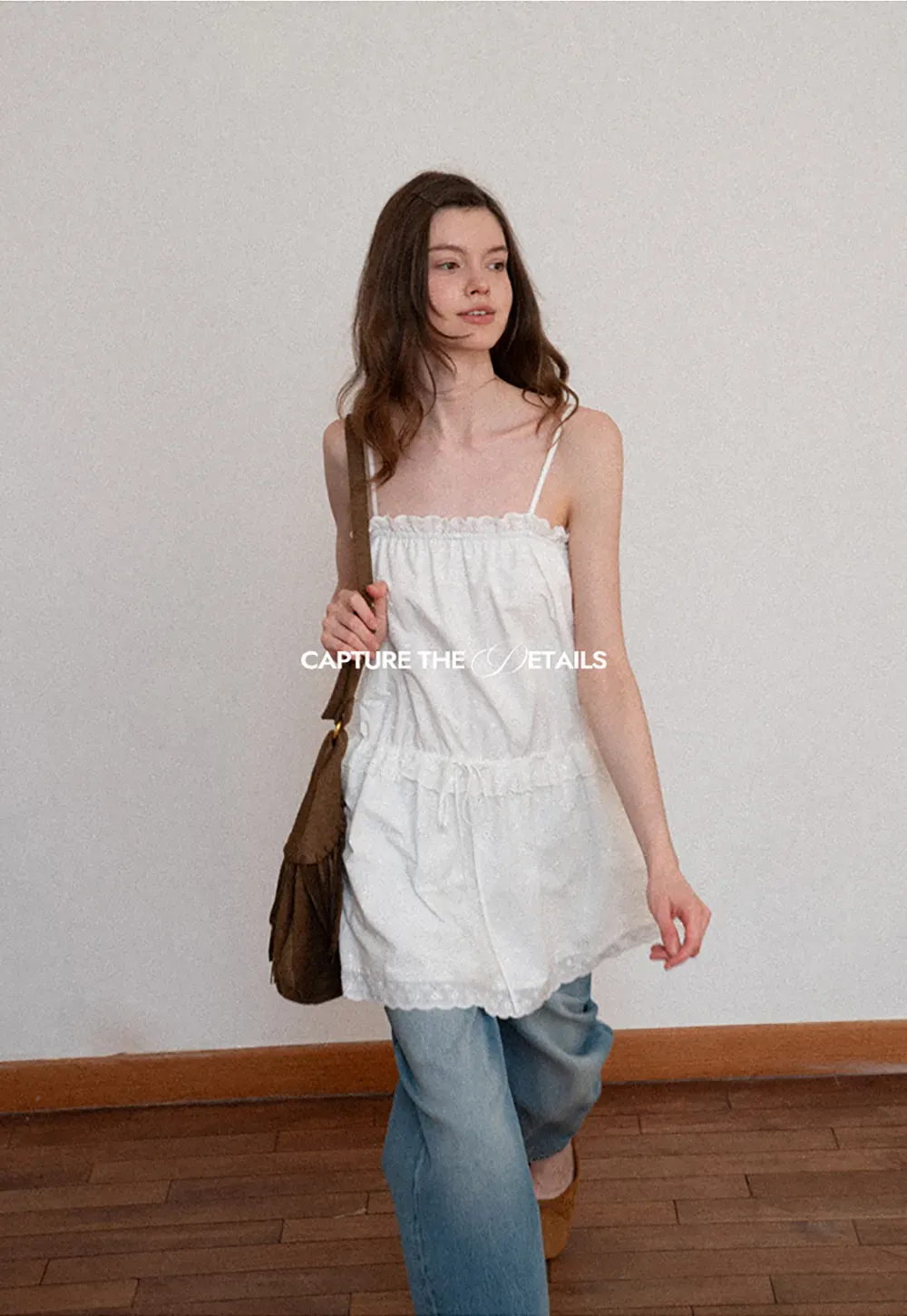 Eyelet lace trim tiered sleeveless dress with drawstring waist