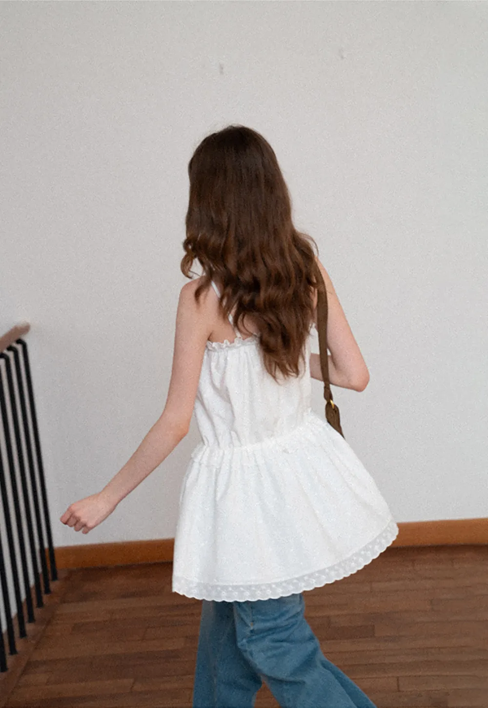 Eyelet lace trim tiered sleeveless dress with drawstring waist