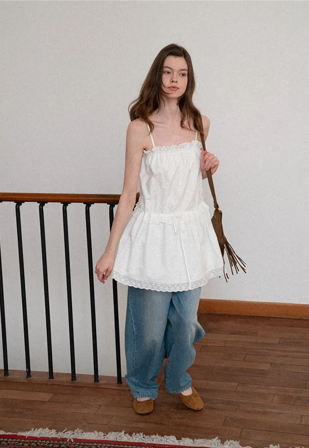 Eyelet lace trim tiered sleeveless dress with drawstring waist