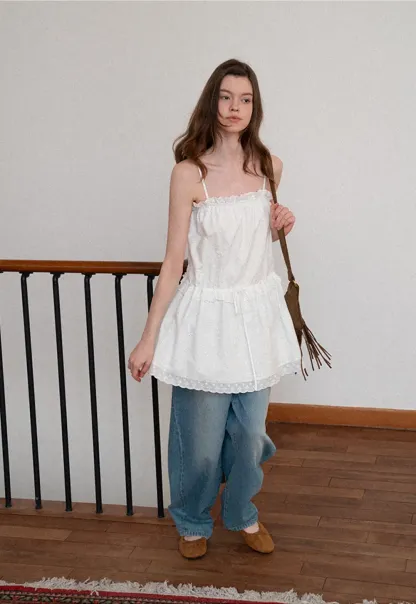 Eyelet lace trim tiered sleeveless dress with drawstring waist