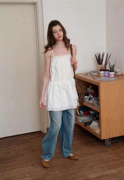 Eyelet lace trim tiered sleeveless dress with drawstring waist