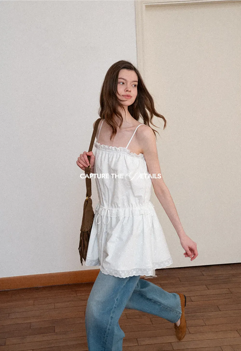 Eyelet lace trim tiered sleeveless dress with drawstring waist