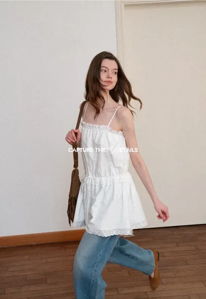 Eyelet lace trim tiered sleeveless dress with drawstring waist