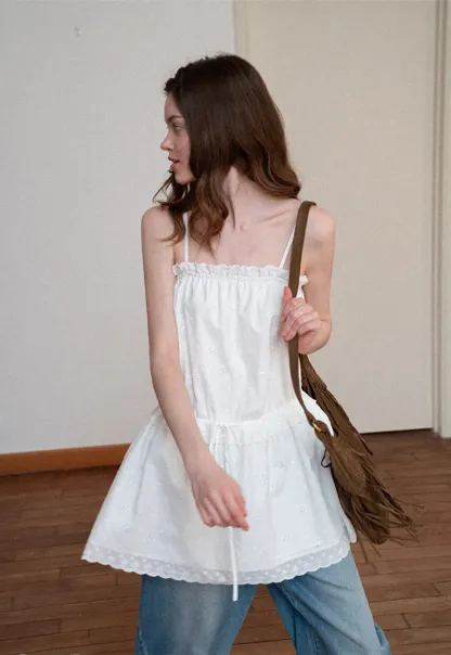 Eyelet lace trim tiered sleeveless dress with drawstring waist