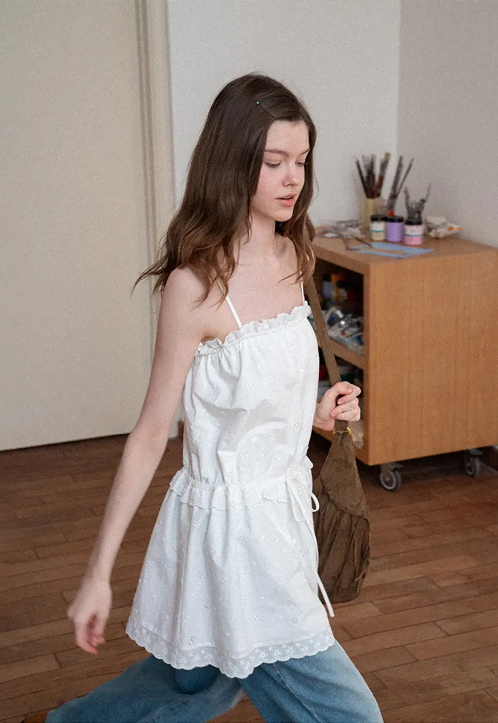 Eyelet lace trim tiered sleeveless dress with drawstring waist