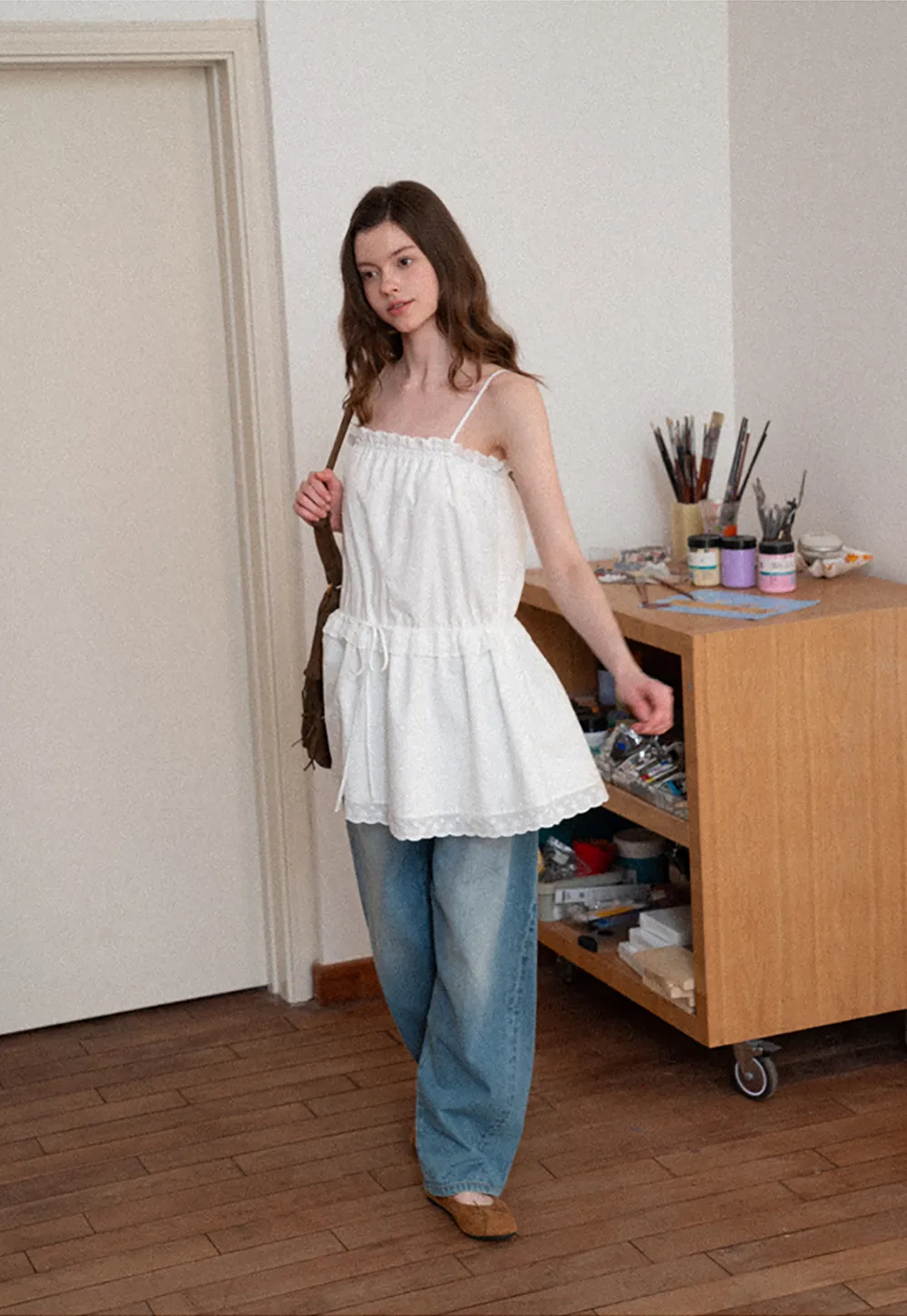 Eyelet lace trim tiered sleeveless dress with drawstring waist