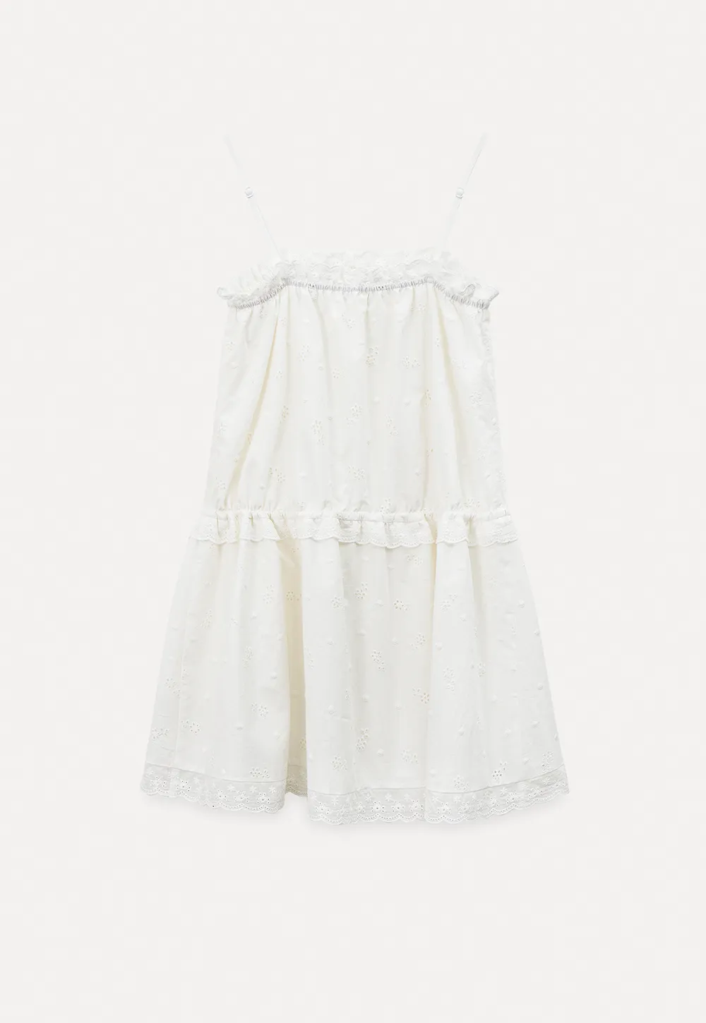 Eyelet lace trim tiered sleeveless dress with drawstring waist