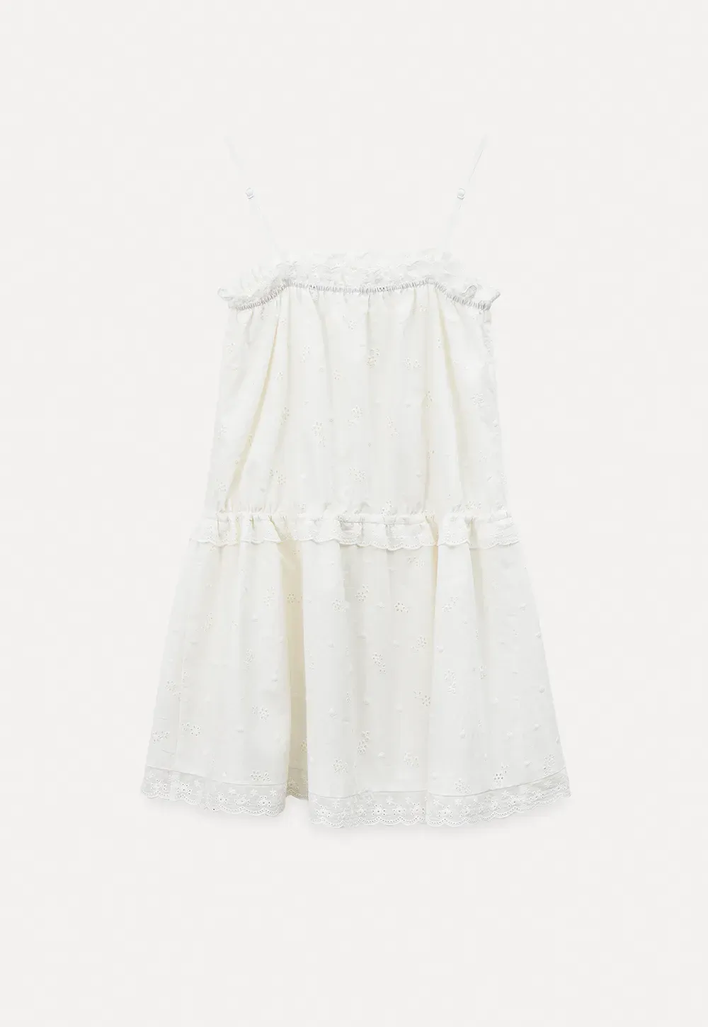 Eyelet lace trim tiered sleeveless dress with drawstring waist