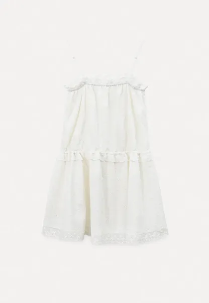 Eyelet lace trim tiered sleeveless dress with drawstring waist