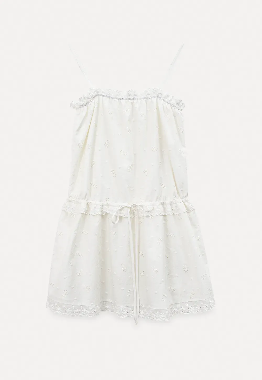 Eyelet lace trim tiered sleeveless dress with drawstring waist